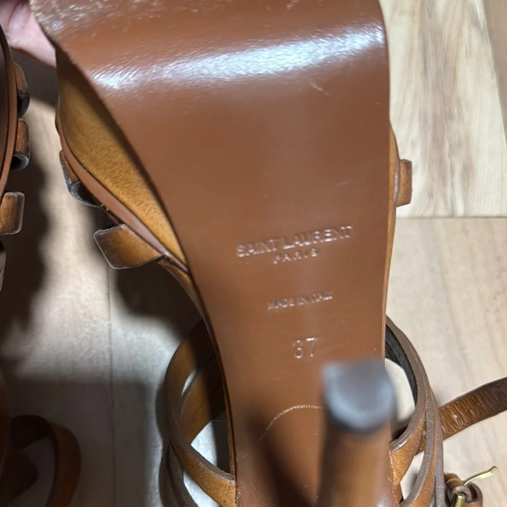 Saint Laurent Tan Strappy Platform Sandals